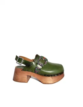 Sabots femmes en cuir de veau vert compensés 6cm Jo Ghost-ARTHUR Chaussures